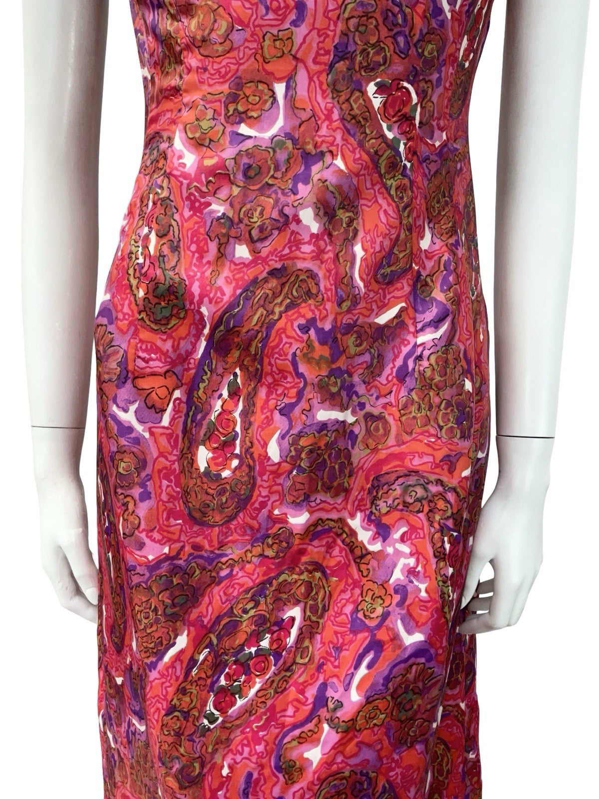 VTG 60S PINK PURPLE BROWN PSYCHEDELIC FLORAL PAISLEY MOD MIDI DRESS 14