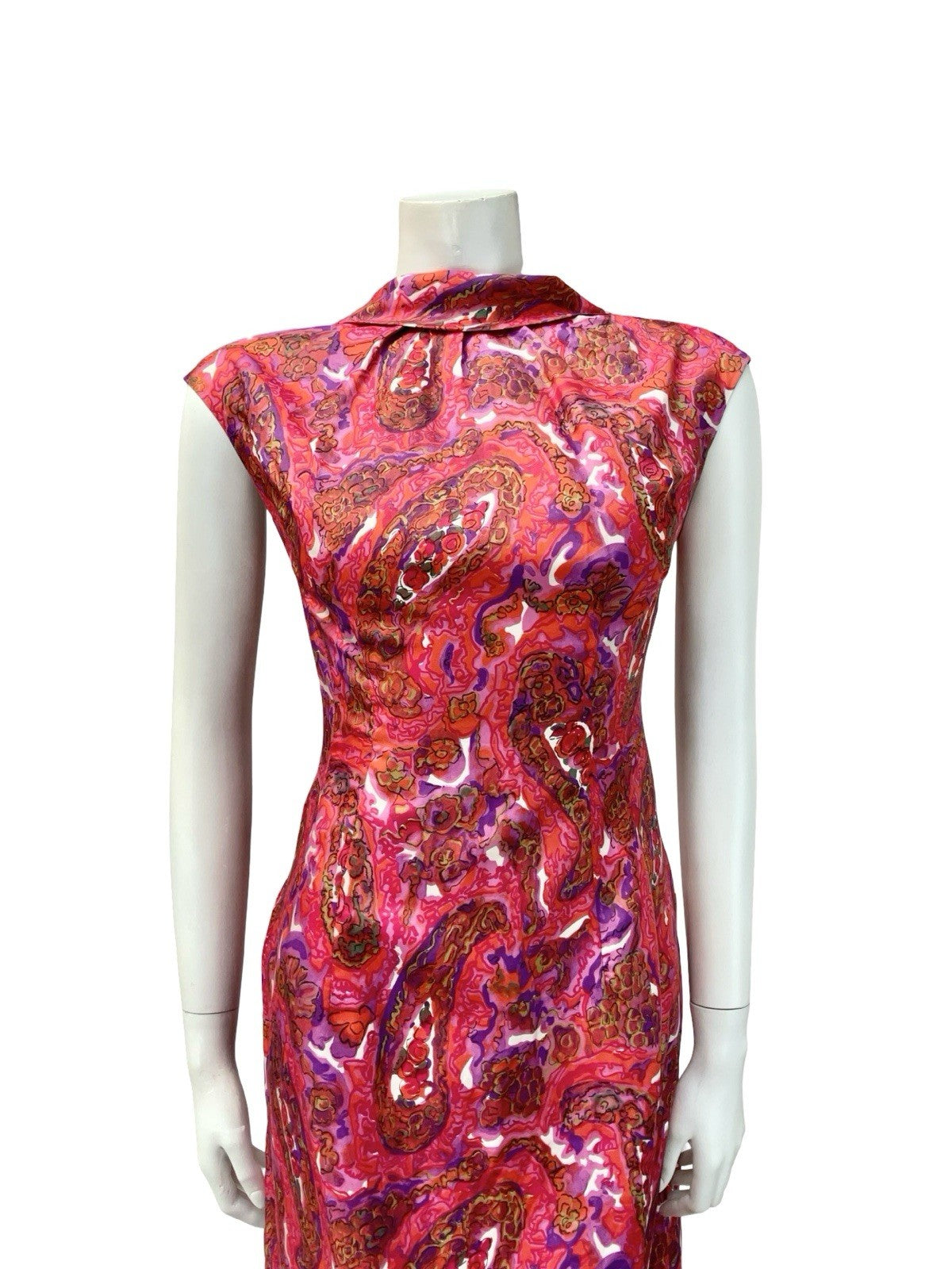 VTG 60S PINK PURPLE BROWN PSYCHEDELIC FLORAL PAISLEY MOD MIDI DRESS 14