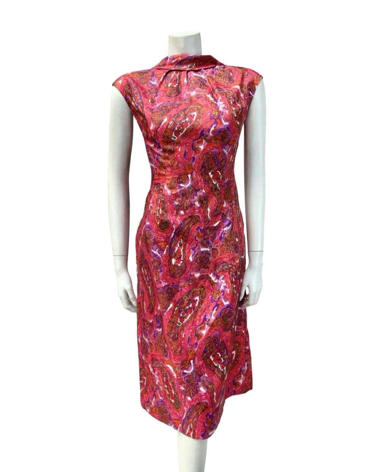 VTG 60S PINK PURPLE BROWN PSYCHEDELIC FLORAL PAISLEY MOD MIDI DRESS 14