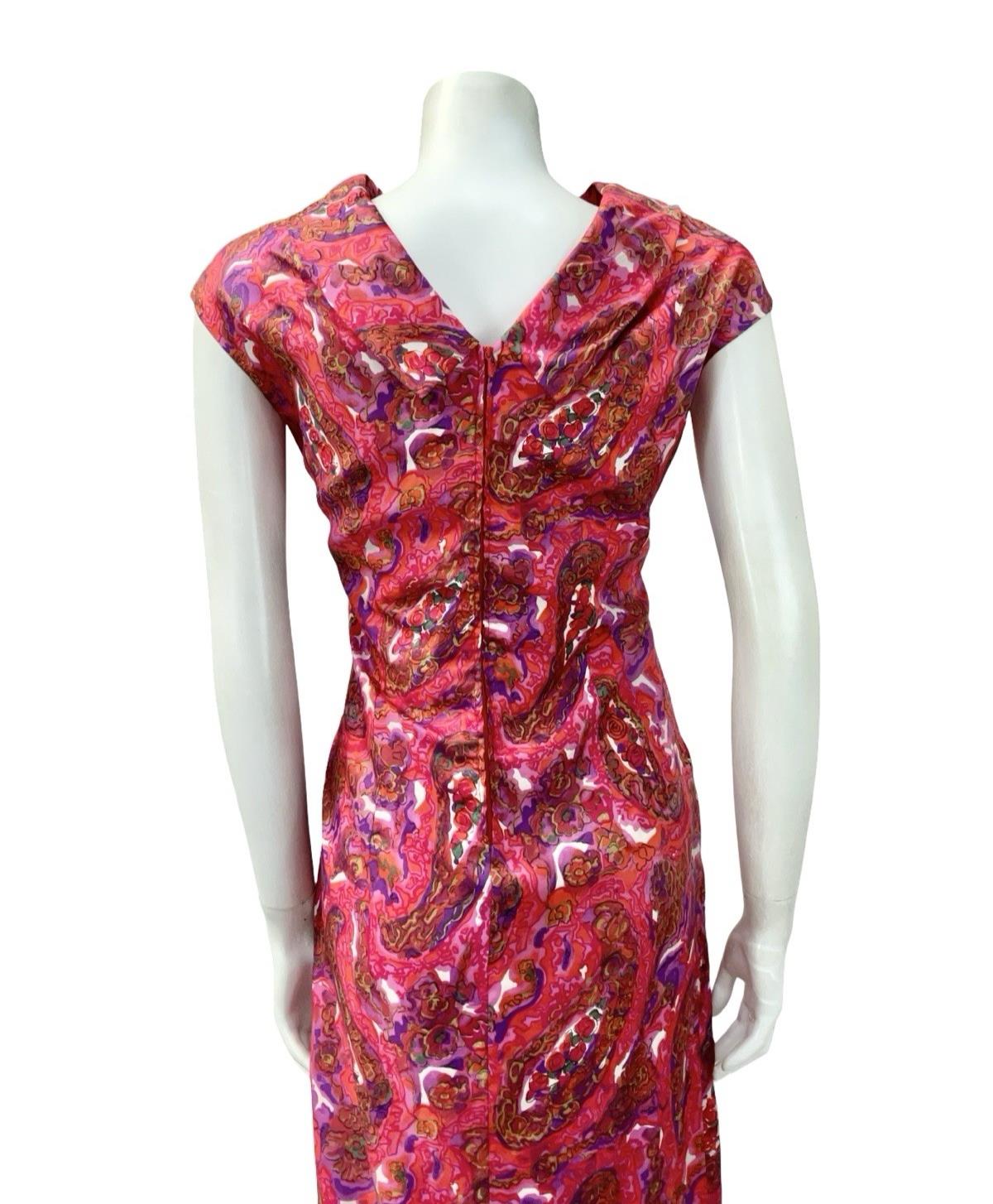 VTG 60S PINK PURPLE BROWN PSYCHEDELIC FLORAL PAISLEY MOD MIDI DRESS 14