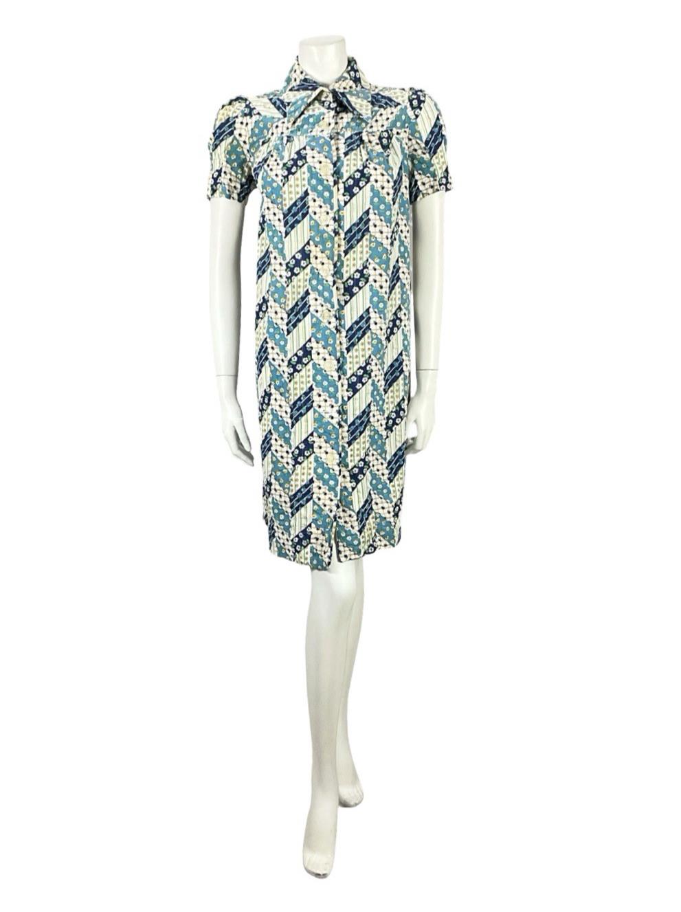 VTG 60S BLUE WHITE GREEN FLORAL ZIG ZAG GEOMETRIC MOD DAGGER TENT DRESS 8