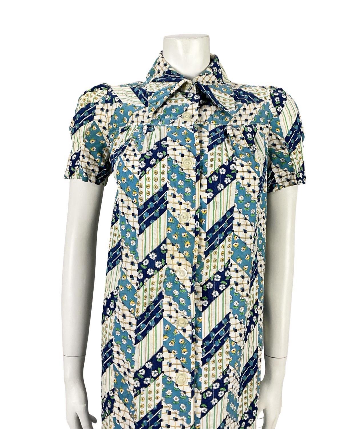 VTG 60S BLUE WHITE GREEN FLORAL ZIG ZAG GEOMETRIC MOD DAGGER TENT DRESS 8