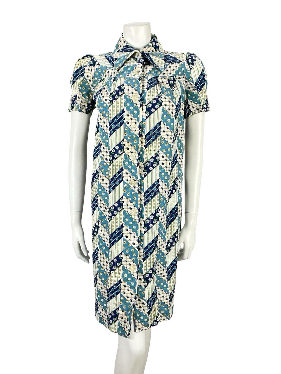 VTG 60S BLUE WHITE GREEN FLORAL ZIG ZAG GEOMETRIC MOD DAGGER TENT DRESS 8