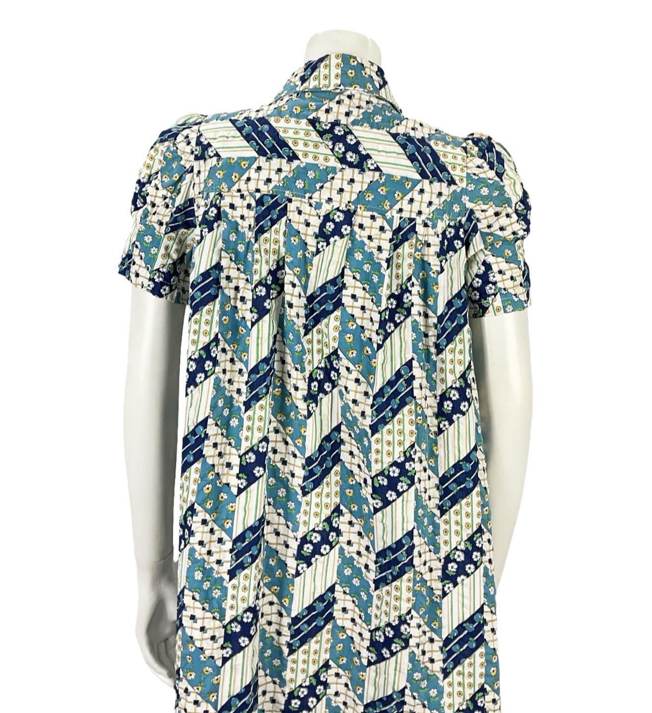 VTG 60S BLUE WHITE GREEN FLORAL ZIG ZAG GEOMETRIC MOD DAGGER TENT DRESS 8