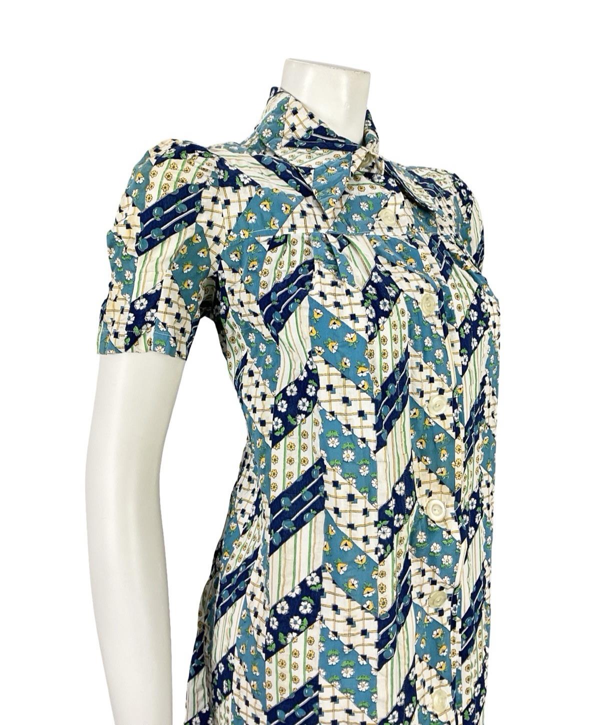 VTG 60S BLUE WHITE GREEN FLORAL ZIG ZAG GEOMETRIC MOD DAGGER TENT DRESS 8