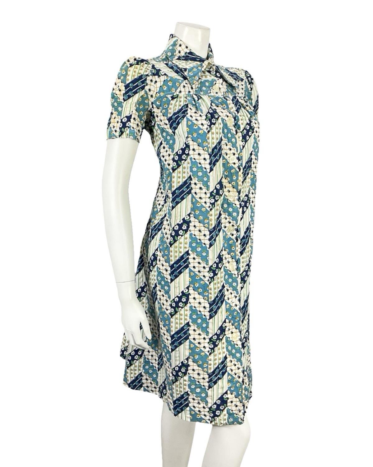 VTG 60S BLUE WHITE GREEN FLORAL ZIG ZAG GEOMETRIC MOD DAGGER TENT DRESS 8