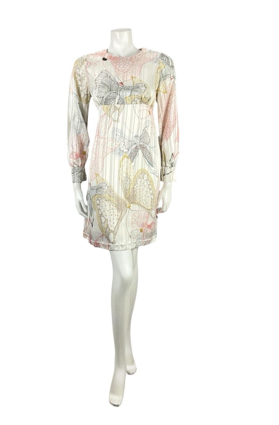 VTG 60S 70s WHITE YELLOW BLUE BLACK STRIPED BUTTERFLY EMPIRE MOD DRESS 8 10
