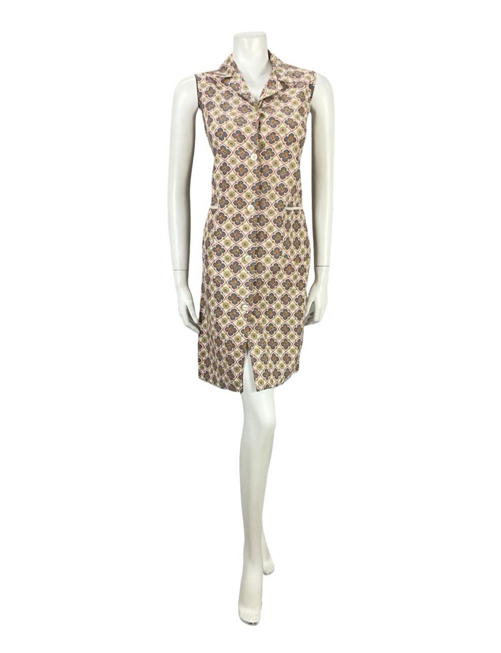 VTG 60S BEIGE BLUE ORANGE YELLOW GEOMETRIC TILE PRINT MOD SHIFT DRESS 10