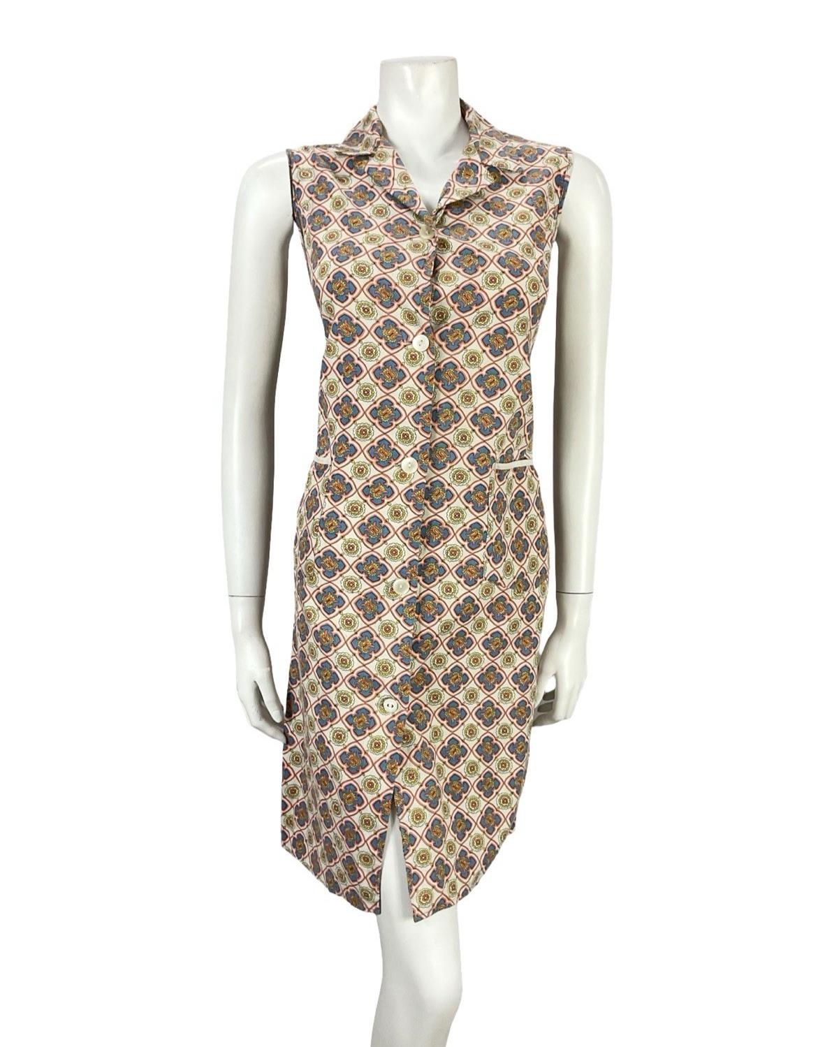 VTG 60S BEIGE BLUE ORANGE YELLOW GEOMETRIC TILE PRINT MOD SHIFT DRESS 10