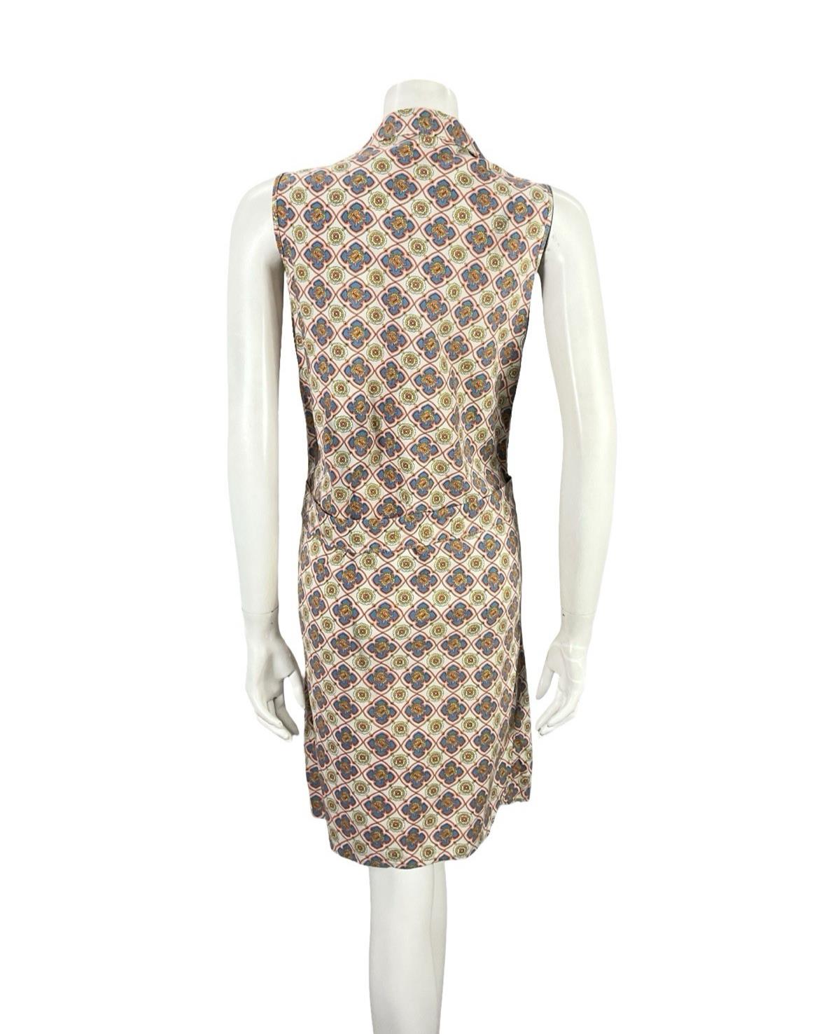 VTG 60S BEIGE BLUE ORANGE YELLOW GEOMETRIC TILE PRINT MOD SHIFT DRESS 10