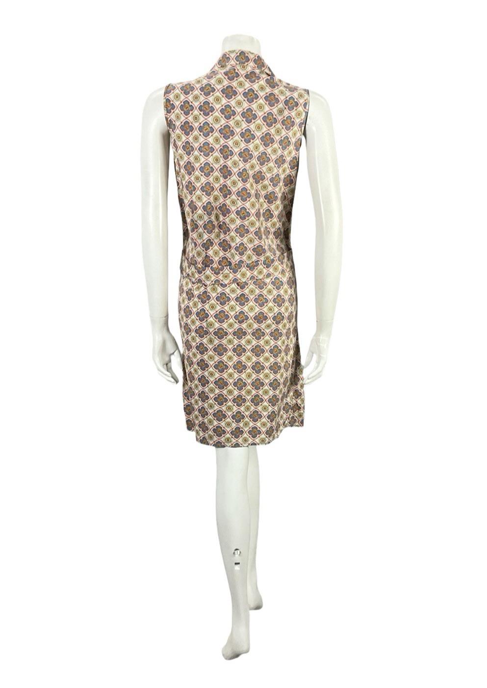 VTG 60S BEIGE BLUE ORANGE YELLOW GEOMETRIC TILE PRINT MOD SHIFT DRESS 10