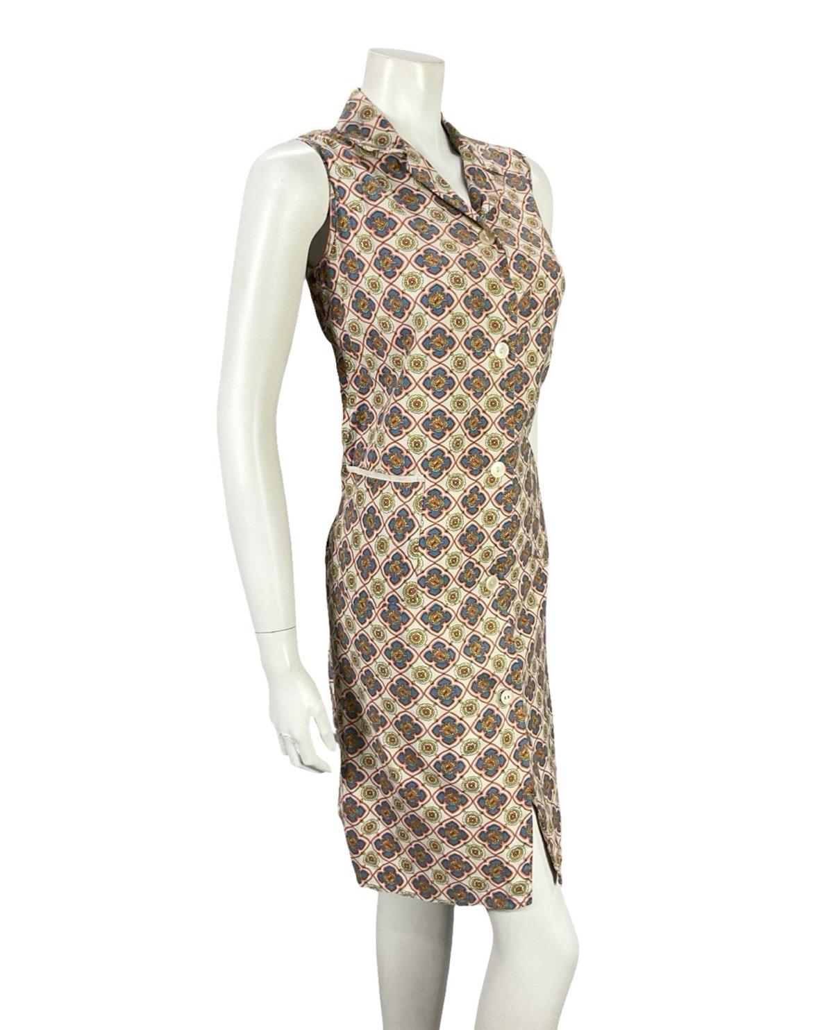 VTG 60S BEIGE BLUE ORANGE YELLOW GEOMETRIC TILE PRINT MOD SHIFT DRESS 10