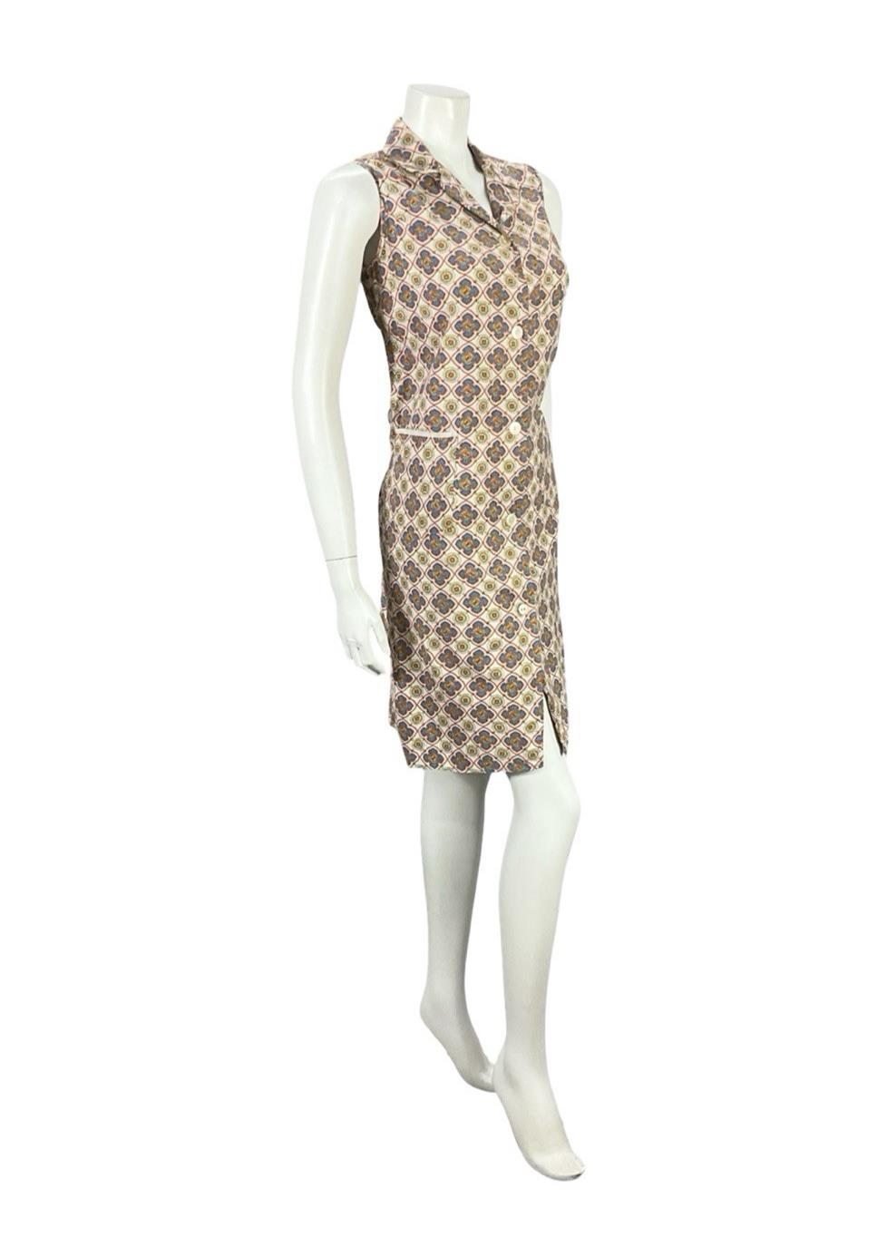 VTG 60S BEIGE BLUE ORANGE YELLOW GEOMETRIC TILE PRINT MOD SHIFT DRESS 10
