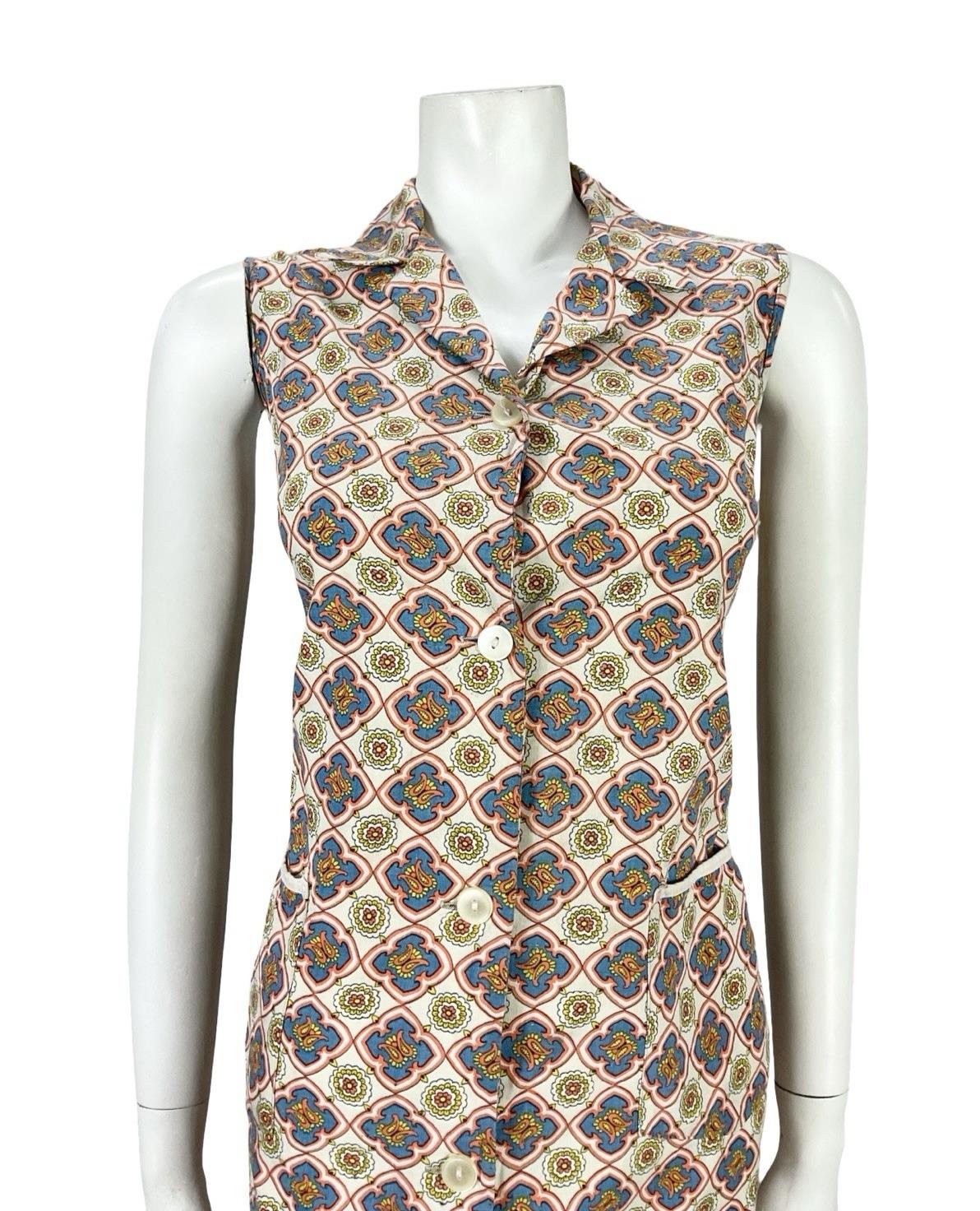 VTG 60S BEIGE BLUE ORANGE YELLOW GEOMETRIC TILE PRINT MOD SHIFT DRESS 10
