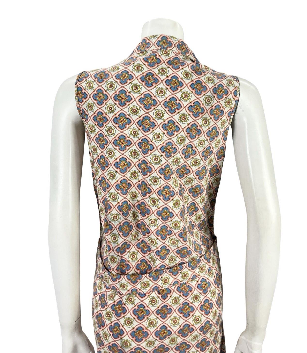 VTG 60S BEIGE BLUE ORANGE YELLOW GEOMETRIC TILE PRINT MOD SHIFT DRESS 10