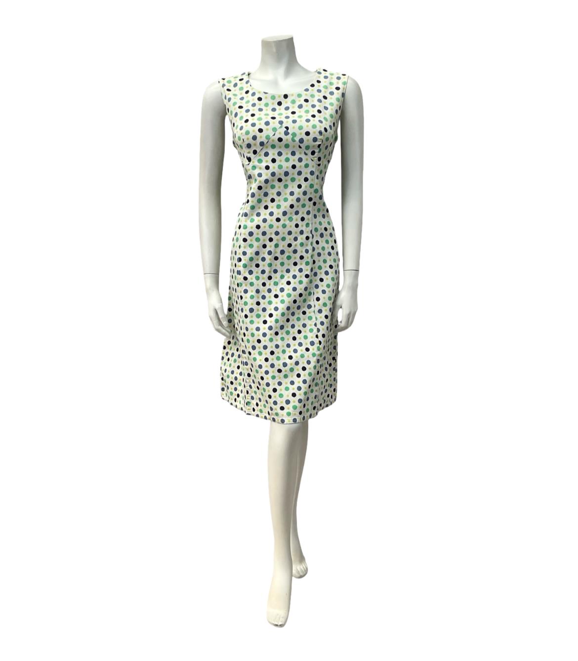 VTG 60S MOD GOGO WHITE BLUE GREEN POLKA DOT SCOOP NECK WIGGLE DRESS 12