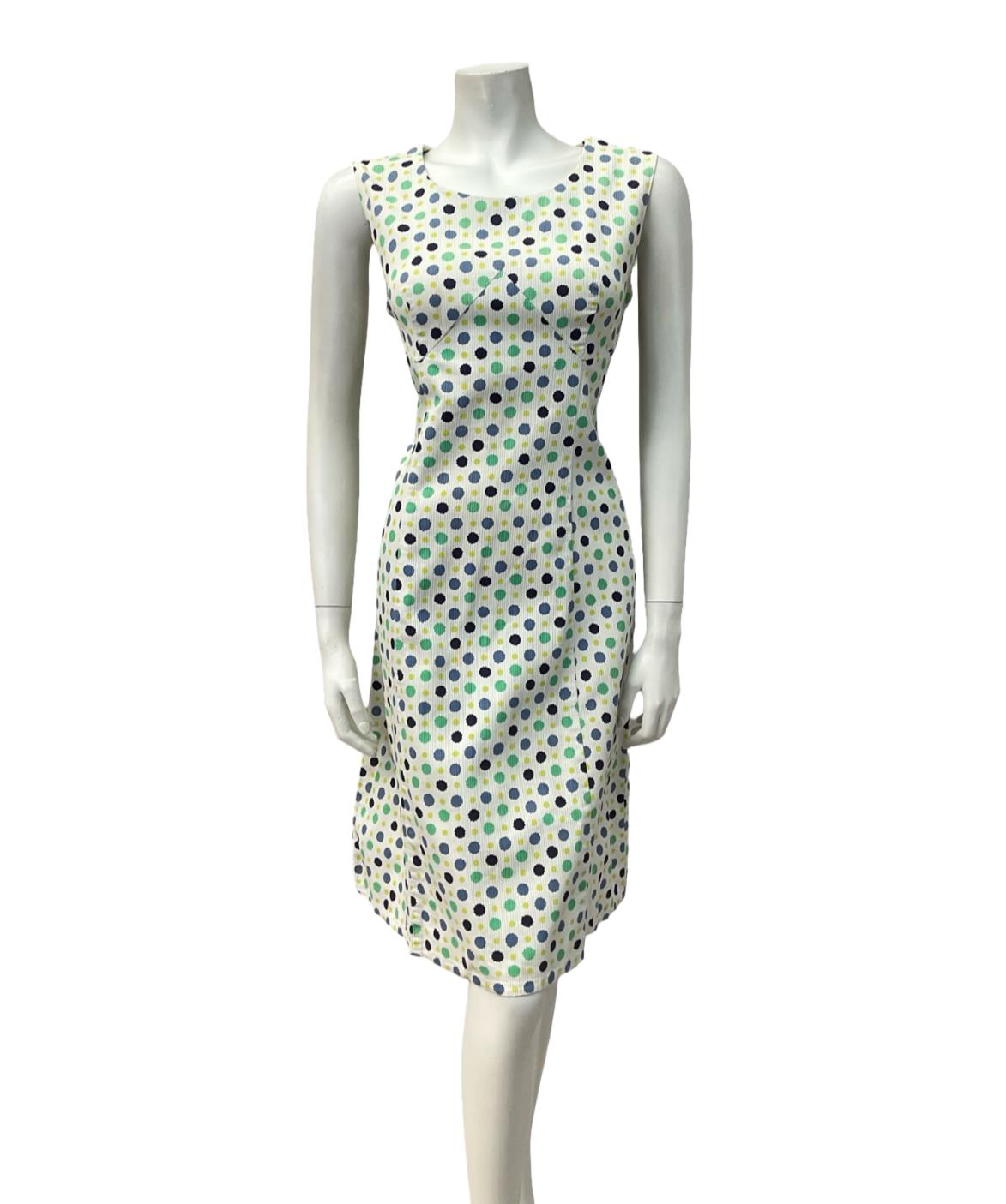 VTG 60S MOD GOGO WHITE BLUE GREEN POLKA DOT SCOOP NECK WIGGLE DRESS 12