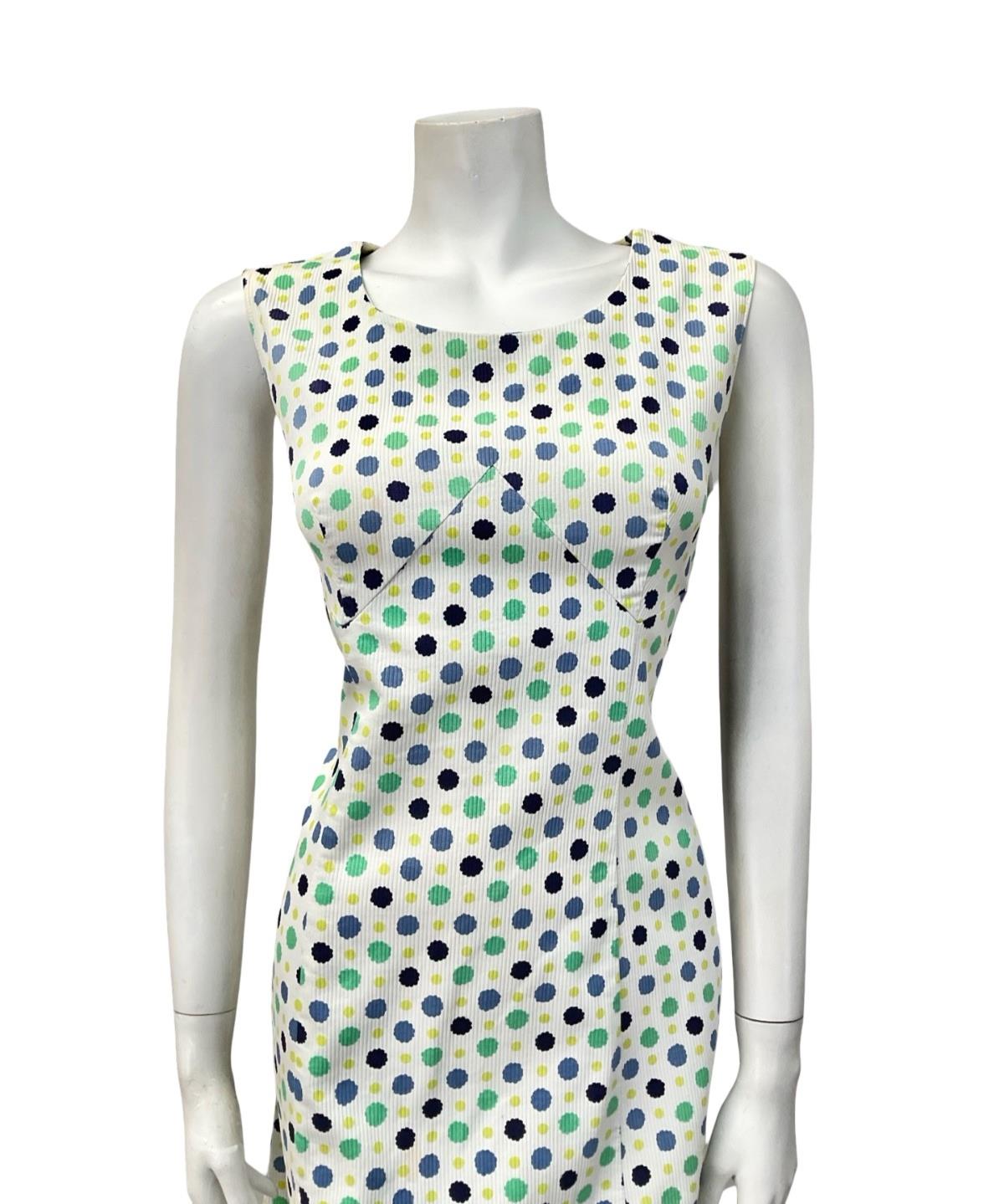 VTG 60S MOD GOGO WHITE BLUE GREEN POLKA DOT SCOOP NECK WIGGLE DRESS 12