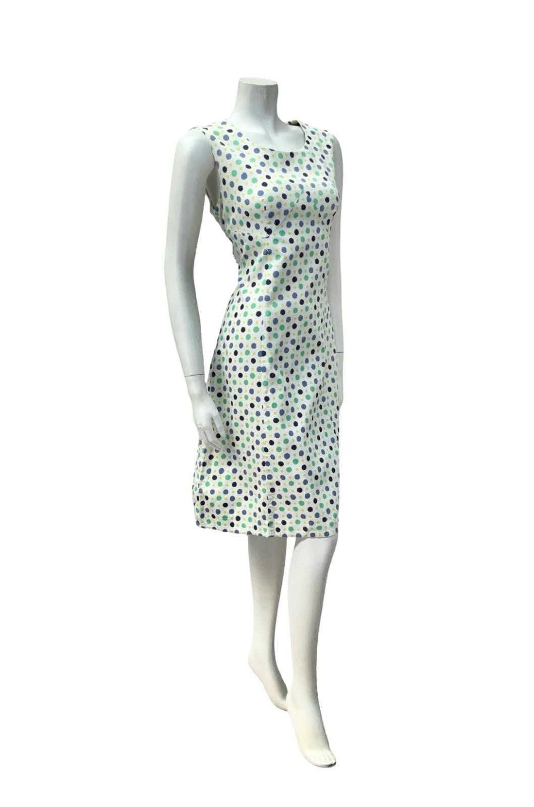 VTG 60S MOD GOGO WHITE BLUE GREEN POLKA DOT SCOOP NECK WIGGLE DRESS 12