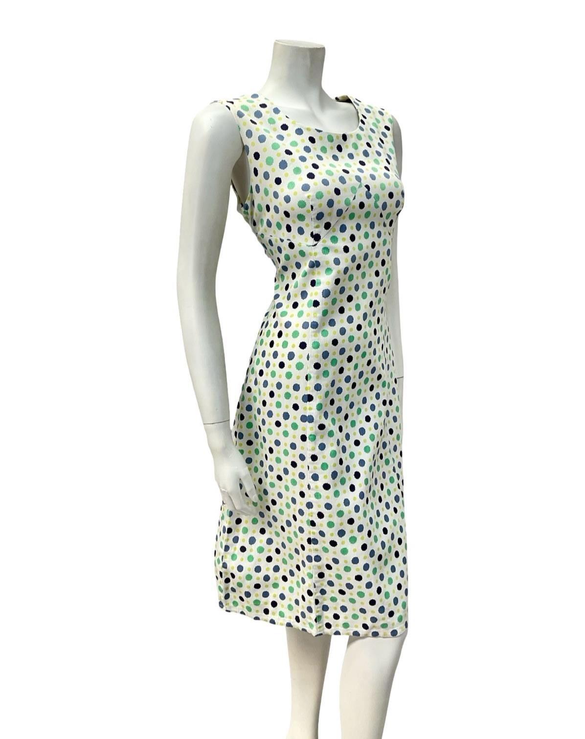 VTG 60S MOD GOGO WHITE BLUE GREEN POLKA DOT SCOOP NECK WIGGLE DRESS 12