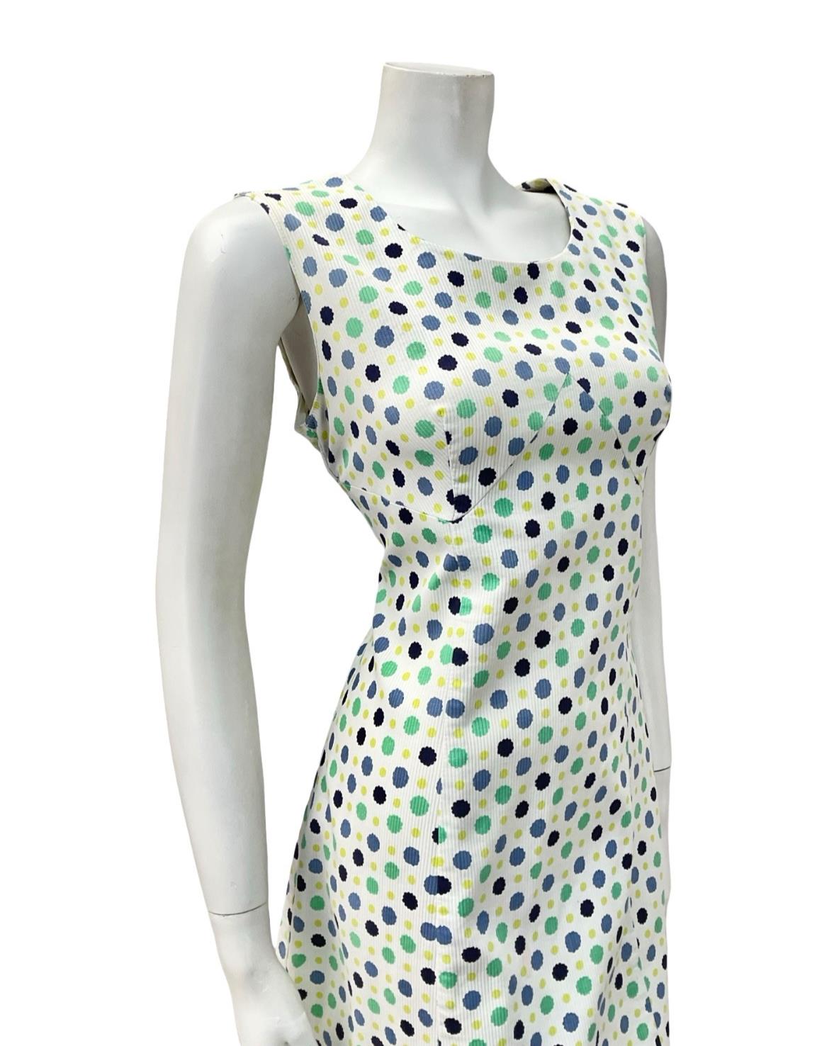 VTG 60S MOD GOGO WHITE BLUE GREEN POLKA DOT SCOOP NECK WIGGLE DRESS 12