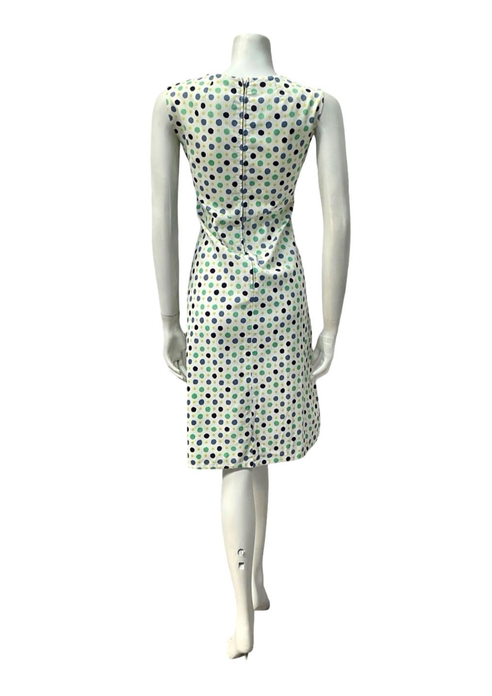 VTG 60S MOD GOGO WHITE BLUE GREEN POLKA DOT SCOOP NECK WIGGLE DRESS 12