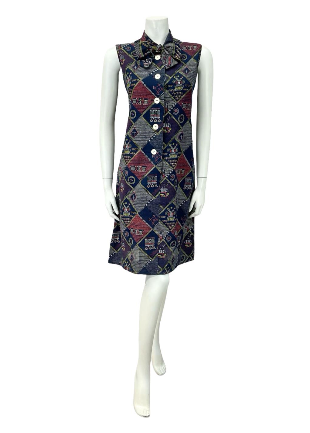VTG 60S 70S NAVY BLUE RED WHITE YELLOW GEOMETRIC PUSSYBOW SHIFT DRESS 8 10 S