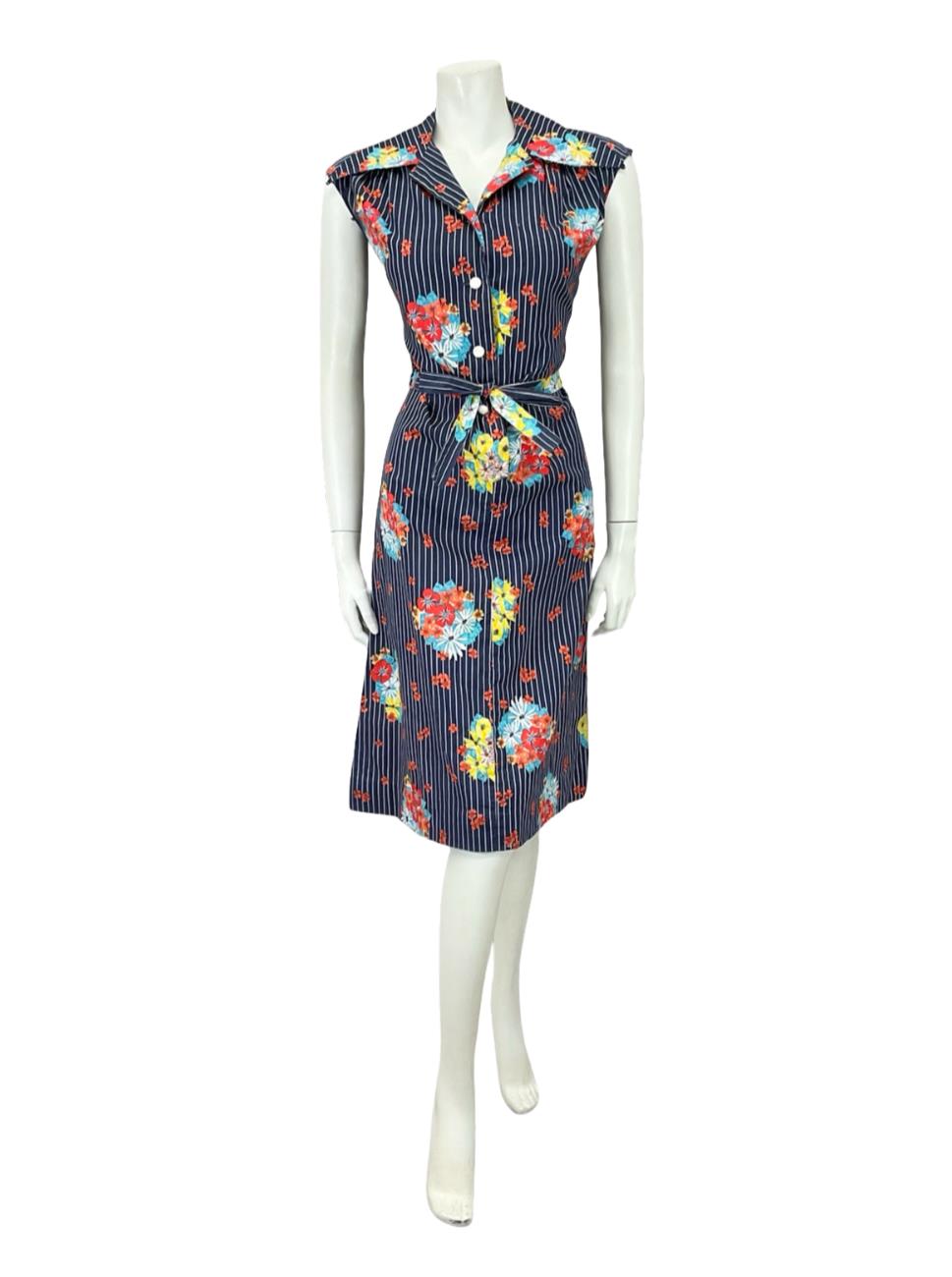 VTG 70S NAVY BLUE WHITE RED PINSTRIPE FLORAL DAGGER TIE WAIST SHIRT DRESS 12