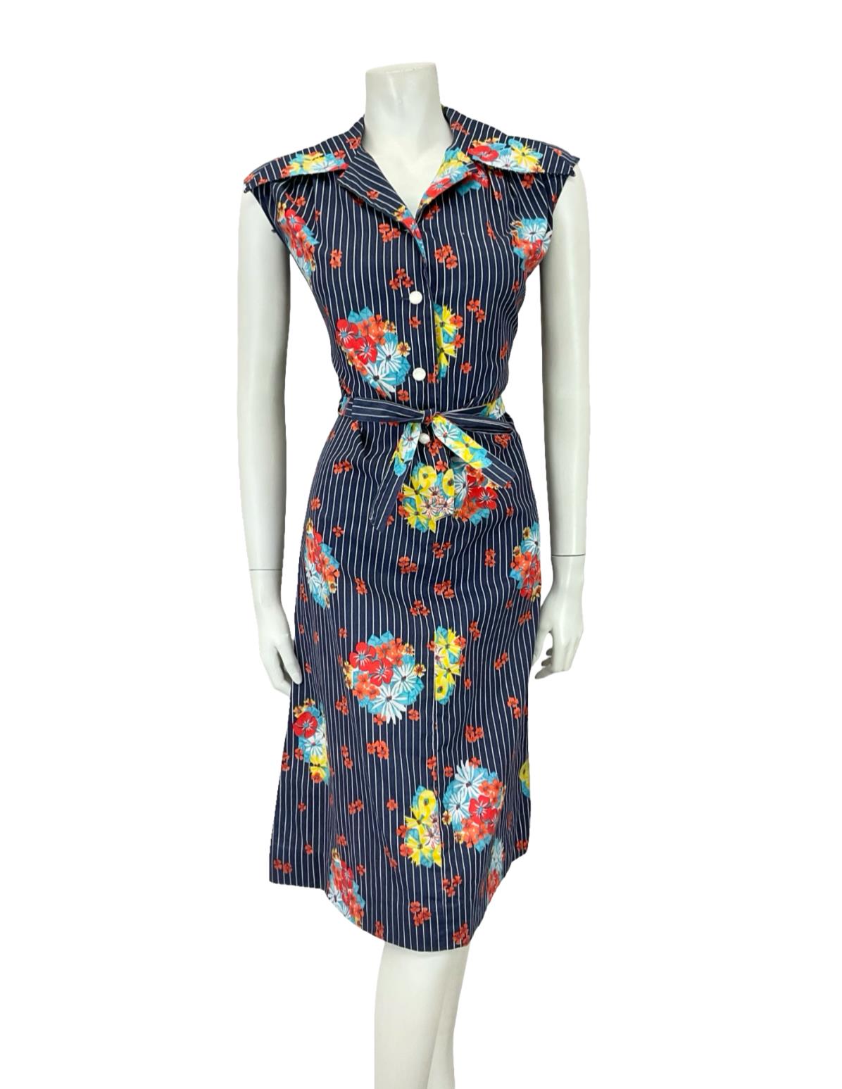 VTG 70S NAVY BLUE WHITE RED PINSTRIPE FLORAL DAGGER TIE WAIST SHIRT DRESS 12