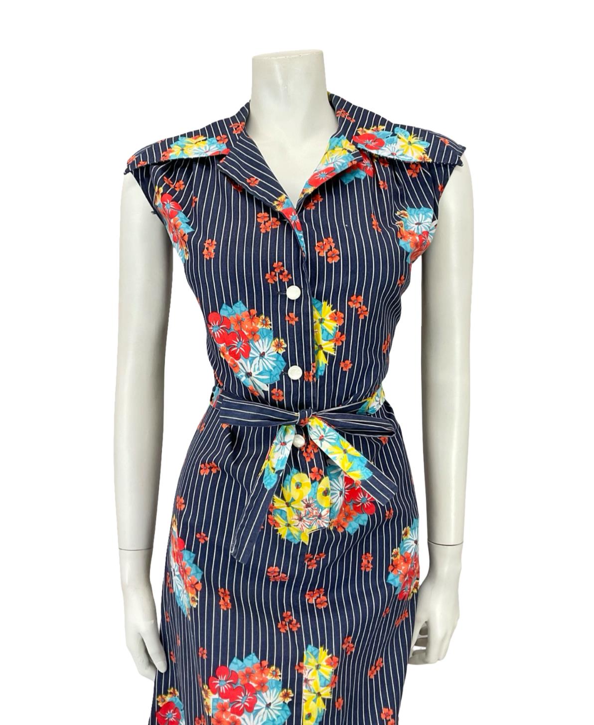 VTG 70S NAVY BLUE WHITE RED PINSTRIPE FLORAL DAGGER TIE WAIST SHIRT DRESS 12