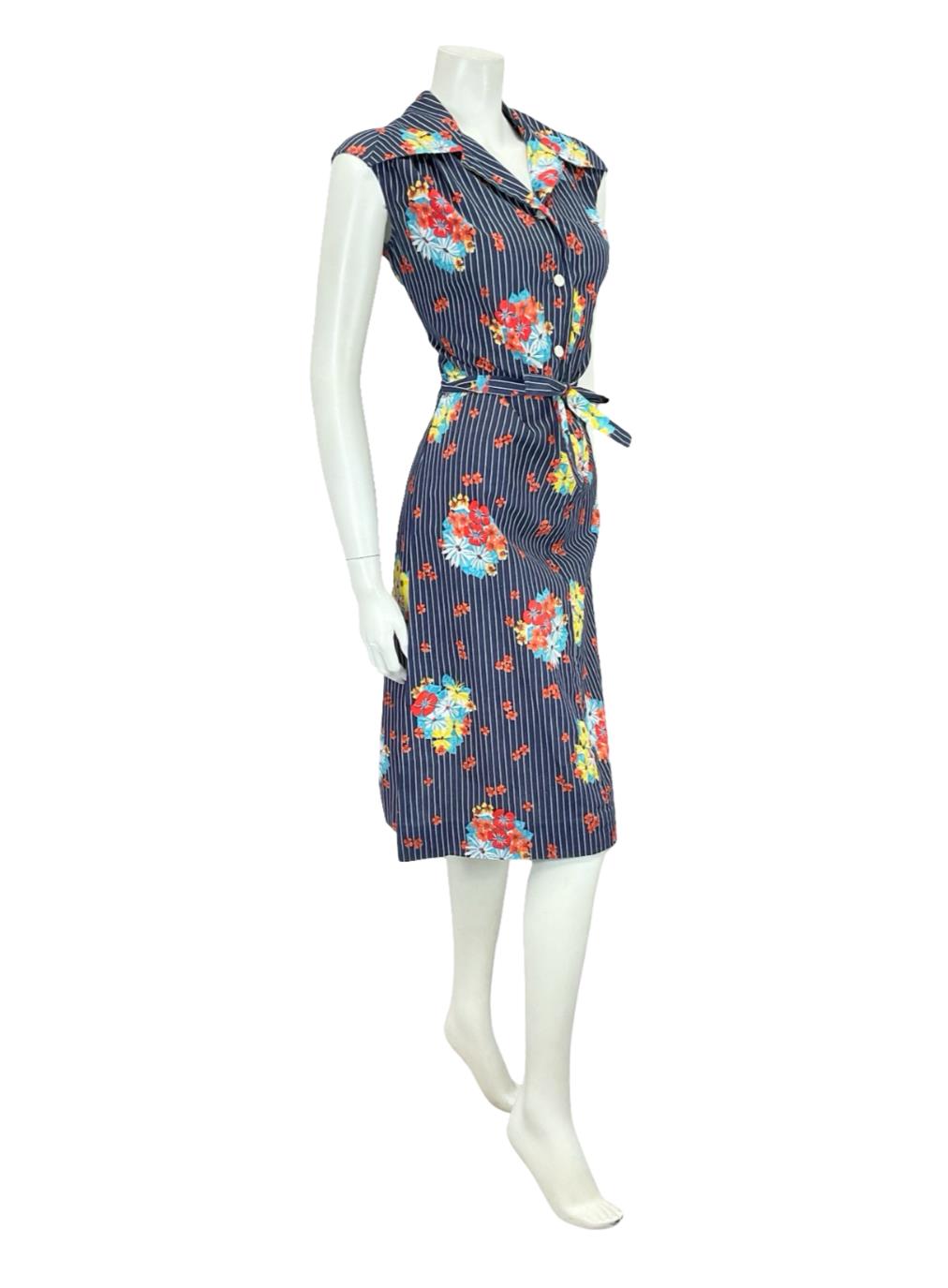VTG 70S NAVY BLUE WHITE RED PINSTRIPE FLORAL DAGGER TIE WAIST SHIRT DRESS 12