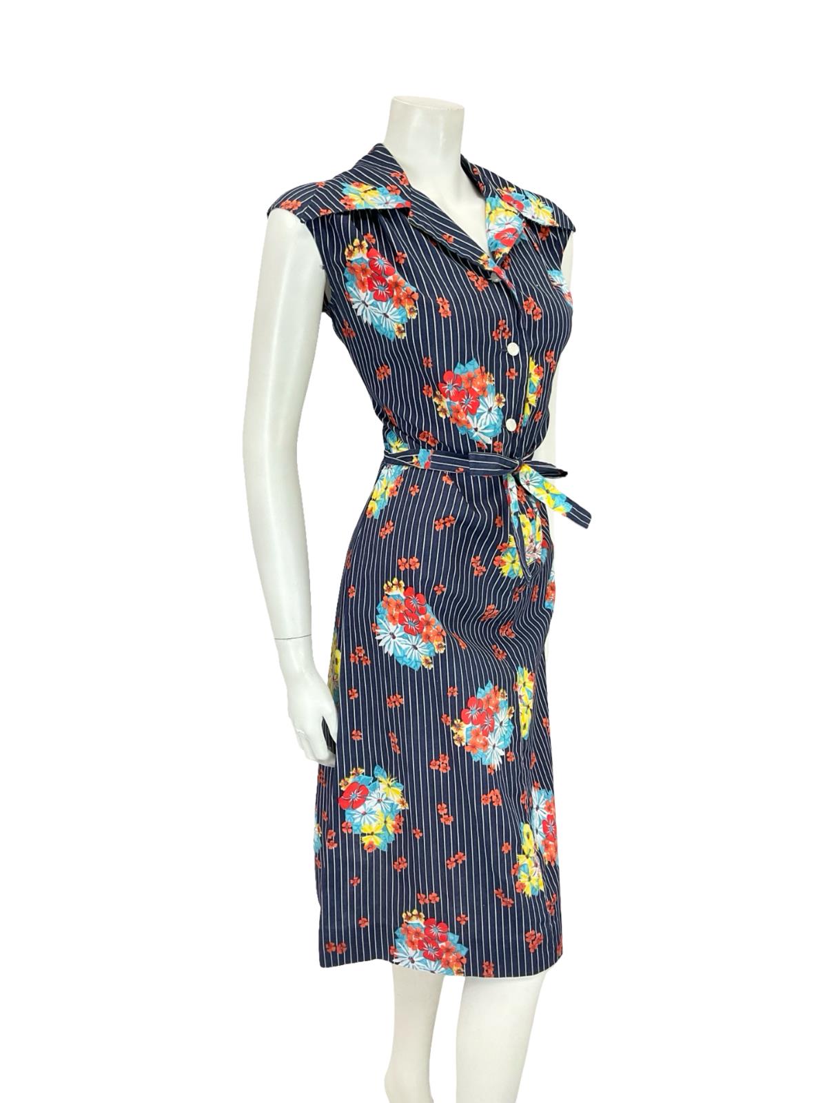 VTG 70S NAVY BLUE WHITE RED PINSTRIPE FLORAL DAGGER TIE WAIST SHIRT DRESS 12