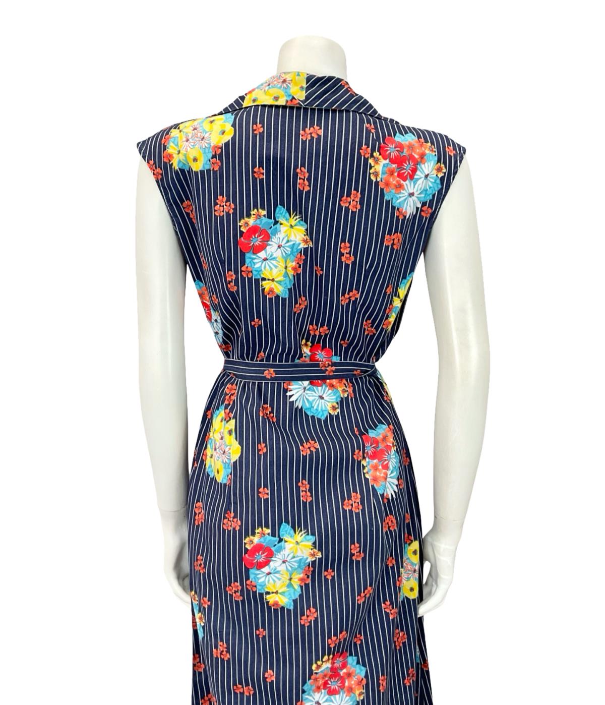 VTG 70S NAVY BLUE WHITE RED PINSTRIPE FLORAL DAGGER TIE WAIST SHIRT DRESS 12