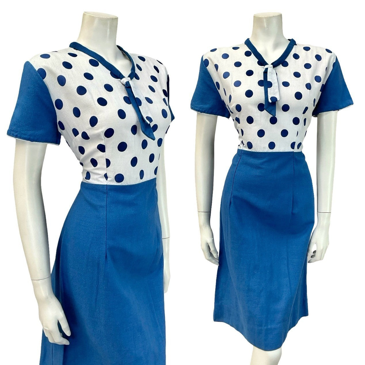VTG 60S WHITE BLUE MOD GEOMETRIC POLKA DOR CONTRAST SAILOR COLLAR DRESS 12