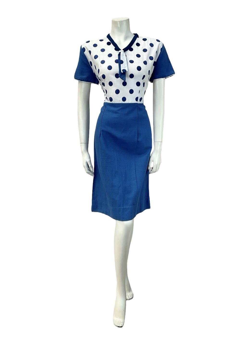 VTG 60S WHITE BLUE MOD GEOMETRIC POLKA DOR CONTRAST SAILOR COLLAR DRESS 12