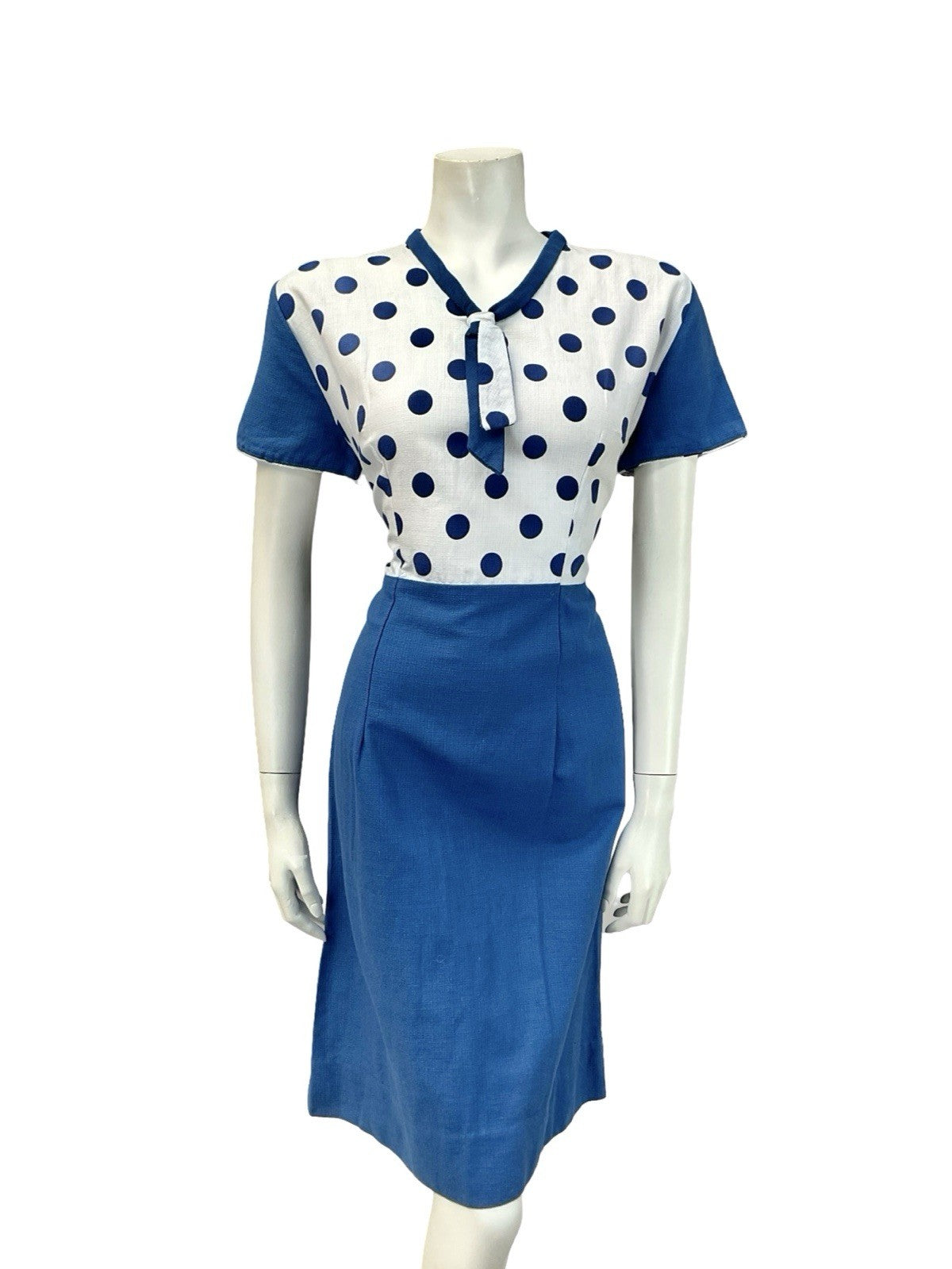VTG 60S WHITE BLUE MOD GEOMETRIC POLKA DOR CONTRAST SAILOR COLLAR DRESS 12