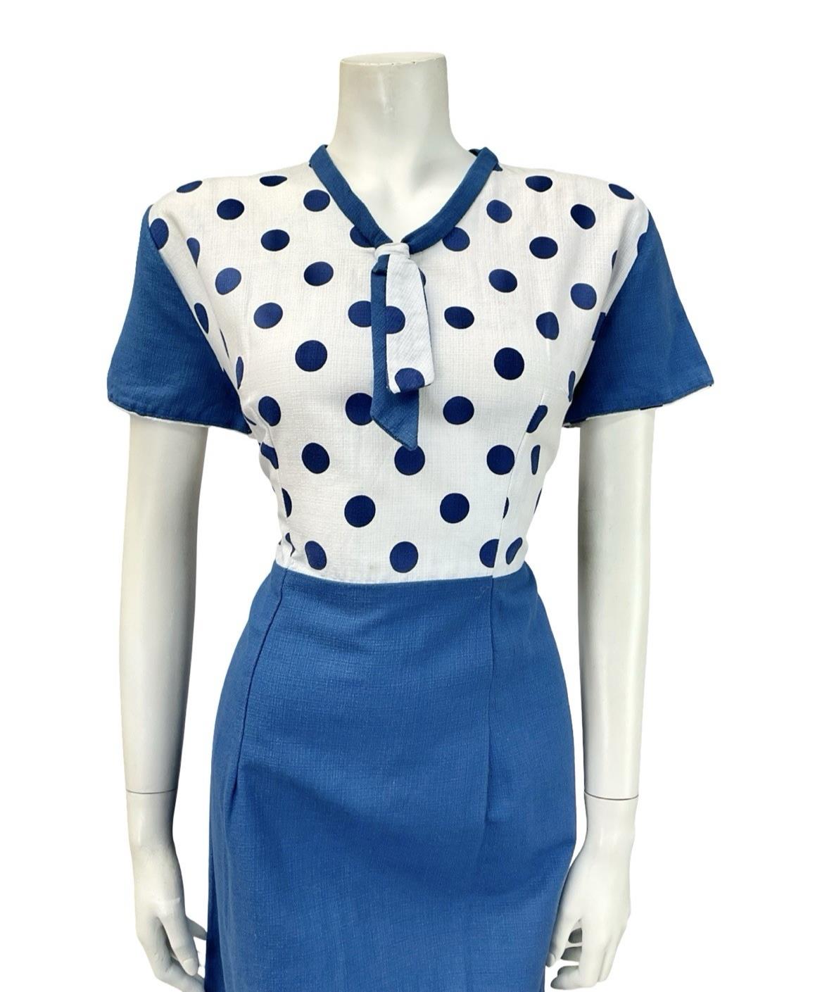 VTG 60S WHITE BLUE MOD GEOMETRIC POLKA DOR CONTRAST SAILOR COLLAR DRESS 12