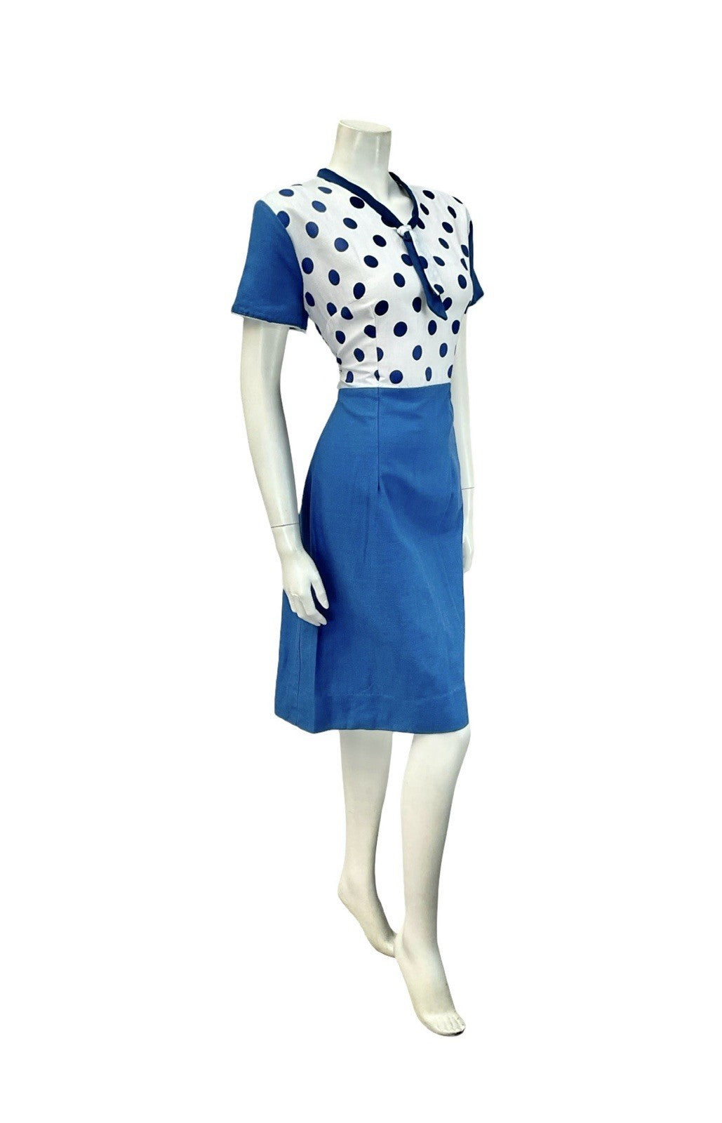 VTG 60S WHITE BLUE MOD GEOMETRIC POLKA DOR CONTRAST SAILOR COLLAR DRESS 12