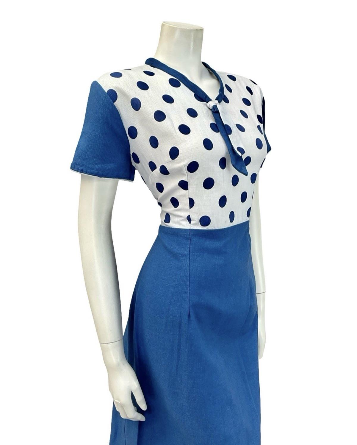 VTG 60S WHITE BLUE MOD GEOMETRIC POLKA DOR CONTRAST SAILOR COLLAR DRESS 12