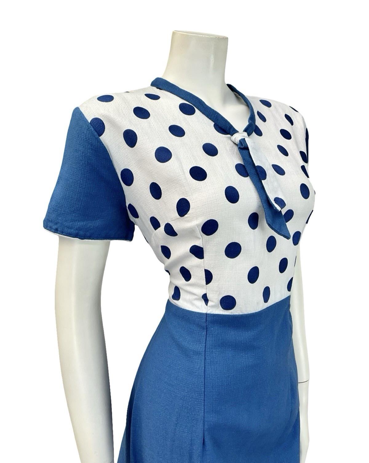 VTG 60S WHITE BLUE MOD GEOMETRIC POLKA DOR CONTRAST SAILOR COLLAR DRESS 12