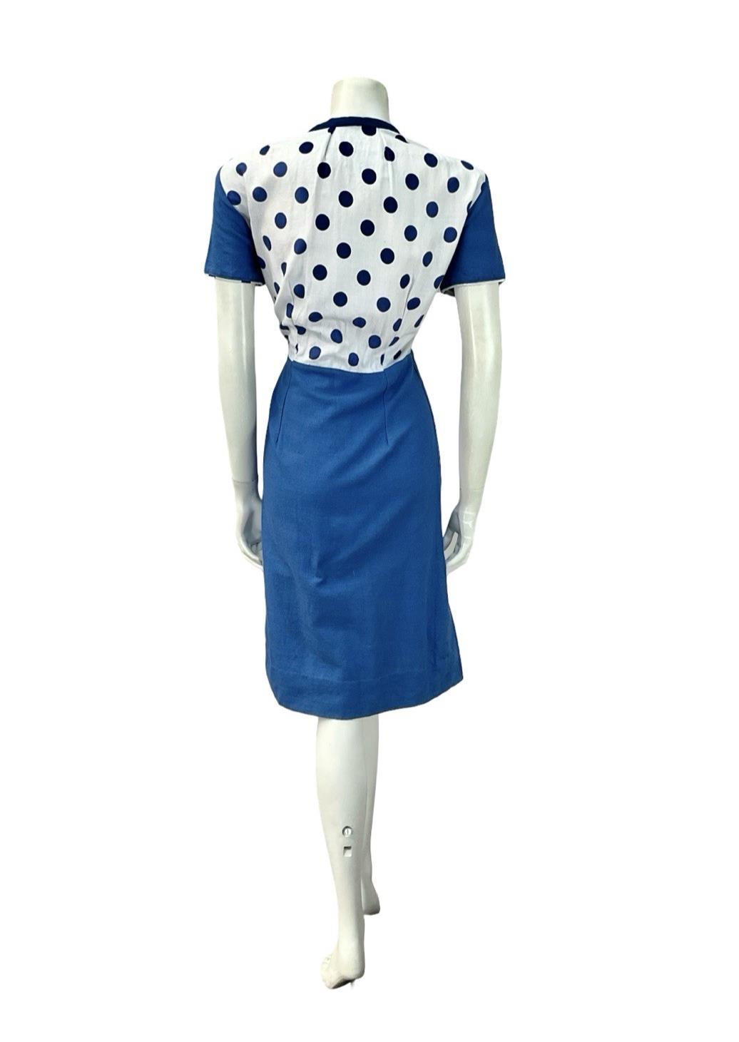 VTG 60S WHITE BLUE MOD GEOMETRIC POLKA DOR CONTRAST SAILOR COLLAR DRESS 12