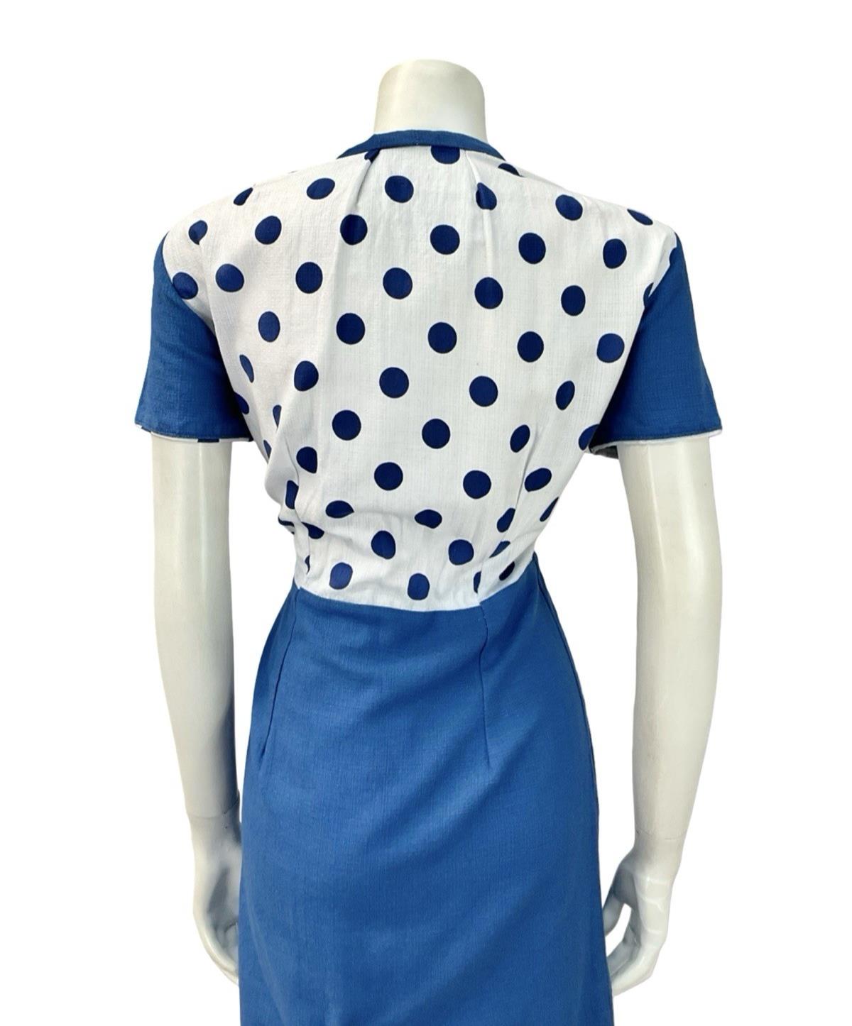VTG 60S WHITE BLUE MOD GEOMETRIC POLKA DOR CONTRAST SAILOR COLLAR DRESS 12