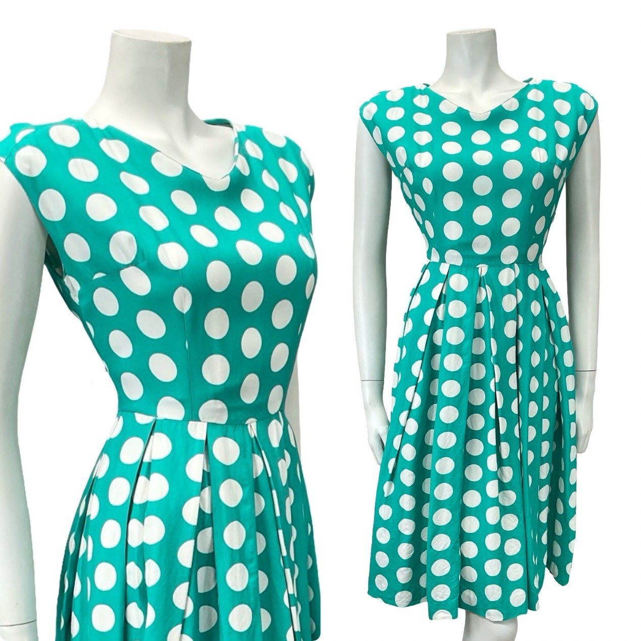 VTG 50S 60S GREEN WHITE POLKA DOT GEOMETRIC PLEAT ROCKABILLY SWING DRESS 8