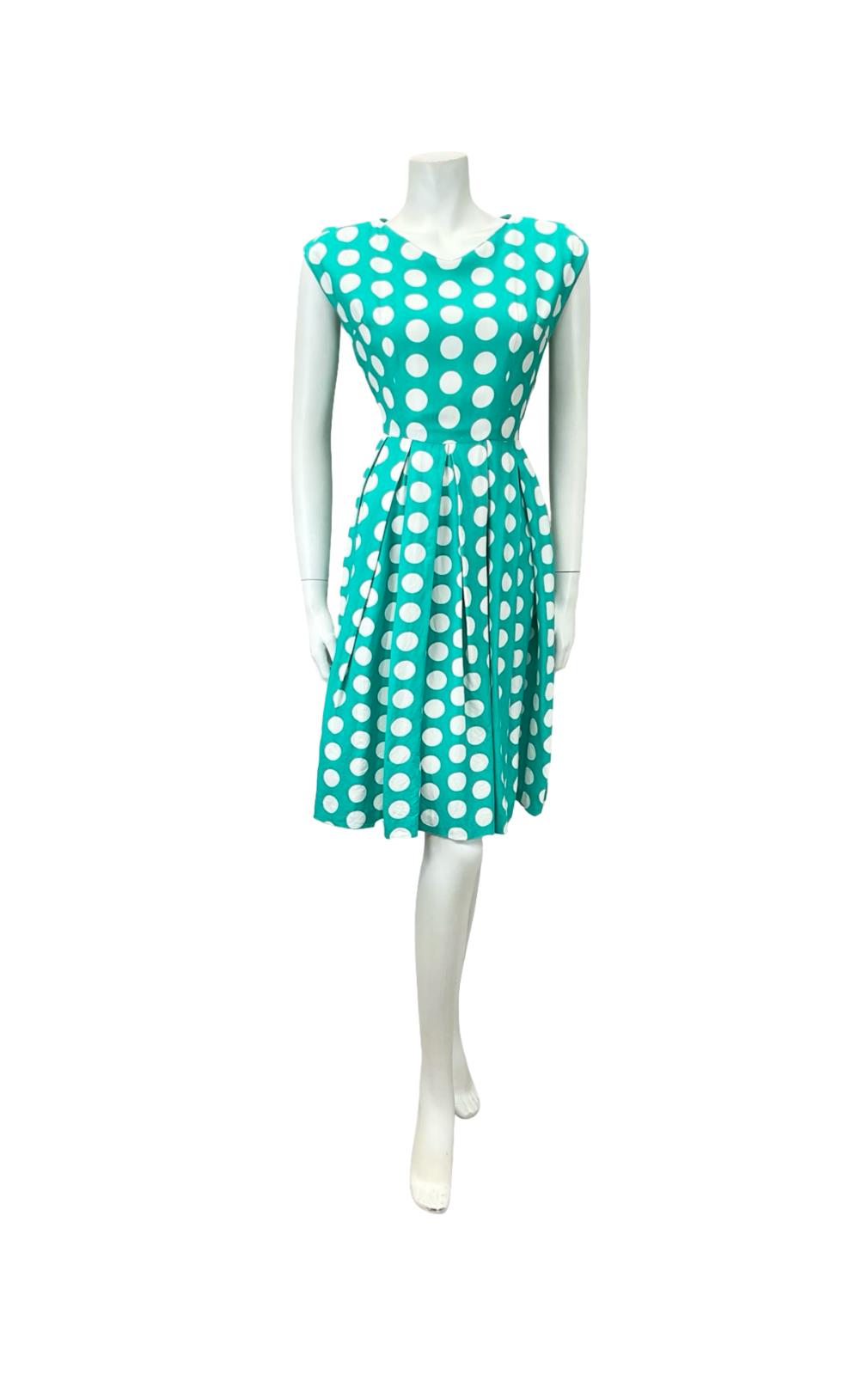VTG 50S 60S GREEN WHITE POLKA DOT GEOMETRIC PLEAT ROCKABILLY SWING DRESS 8