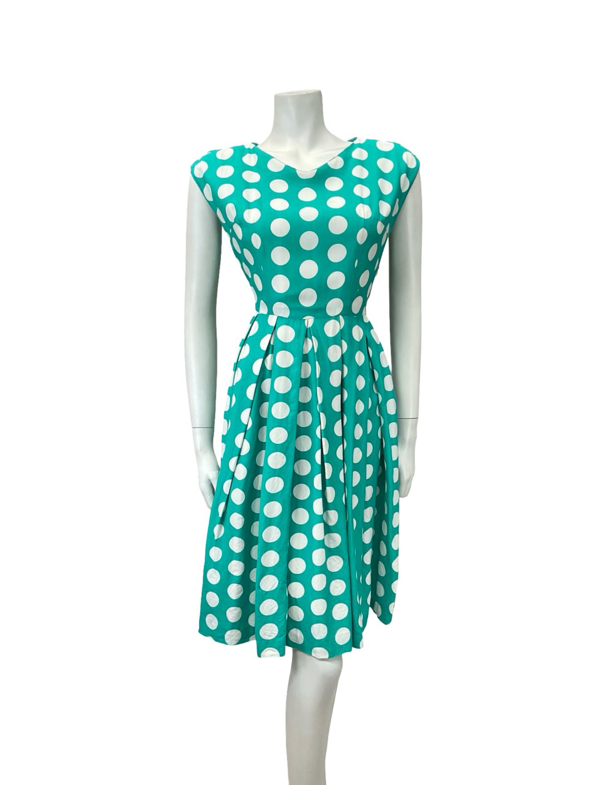 VTG 50S 60S GREEN WHITE POLKA DOT GEOMETRIC PLEAT ROCKABILLY SWING DRESS 8