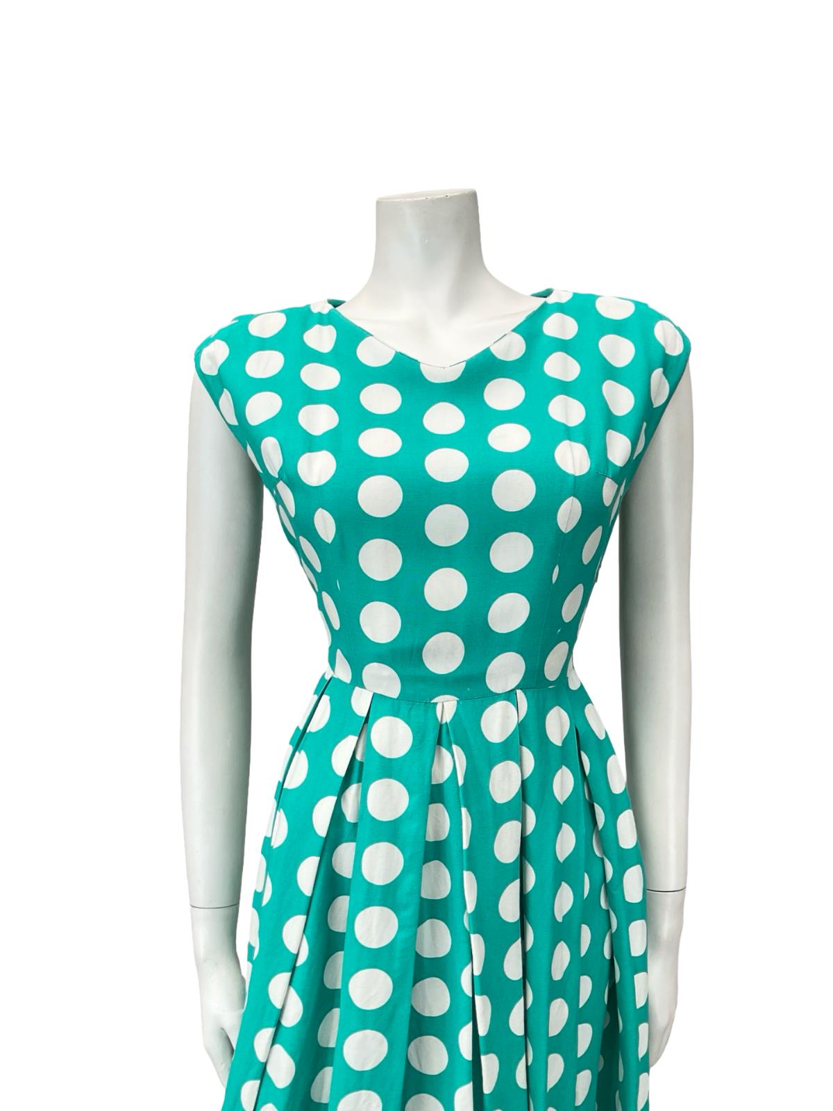 VTG 50S 60S GREEN WHITE POLKA DOT GEOMETRIC PLEAT ROCKABILLY SWING DRESS 8