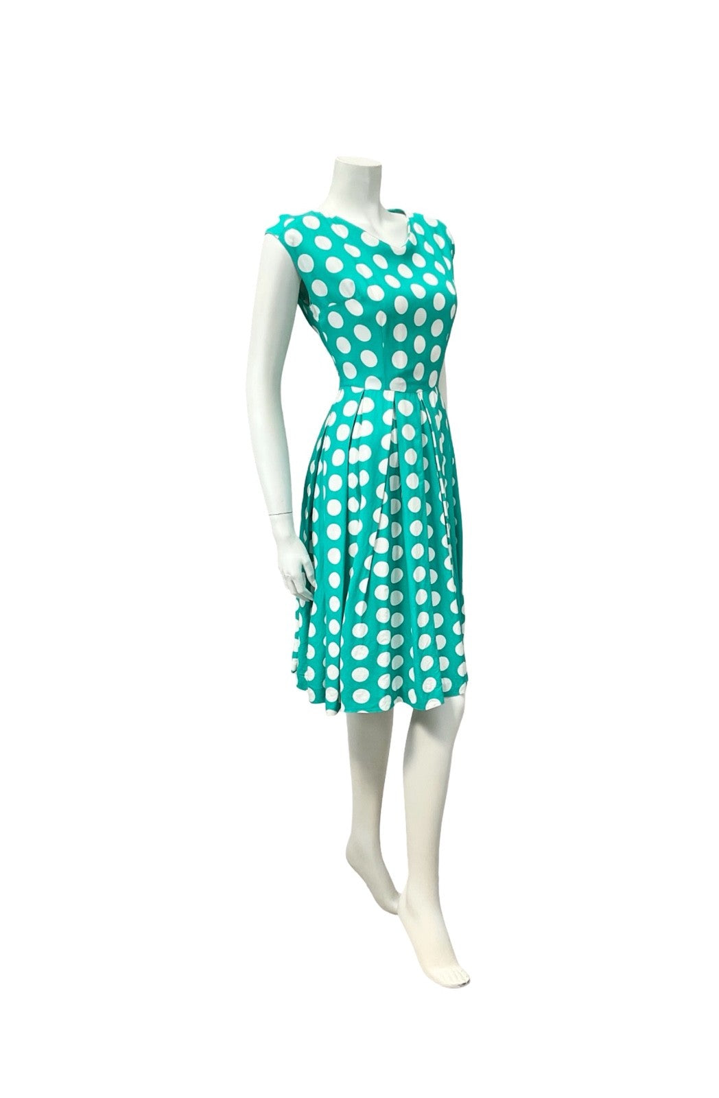 VTG 50S 60S GREEN WHITE POLKA DOT GEOMETRIC PLEAT ROCKABILLY SWING DRESS 8