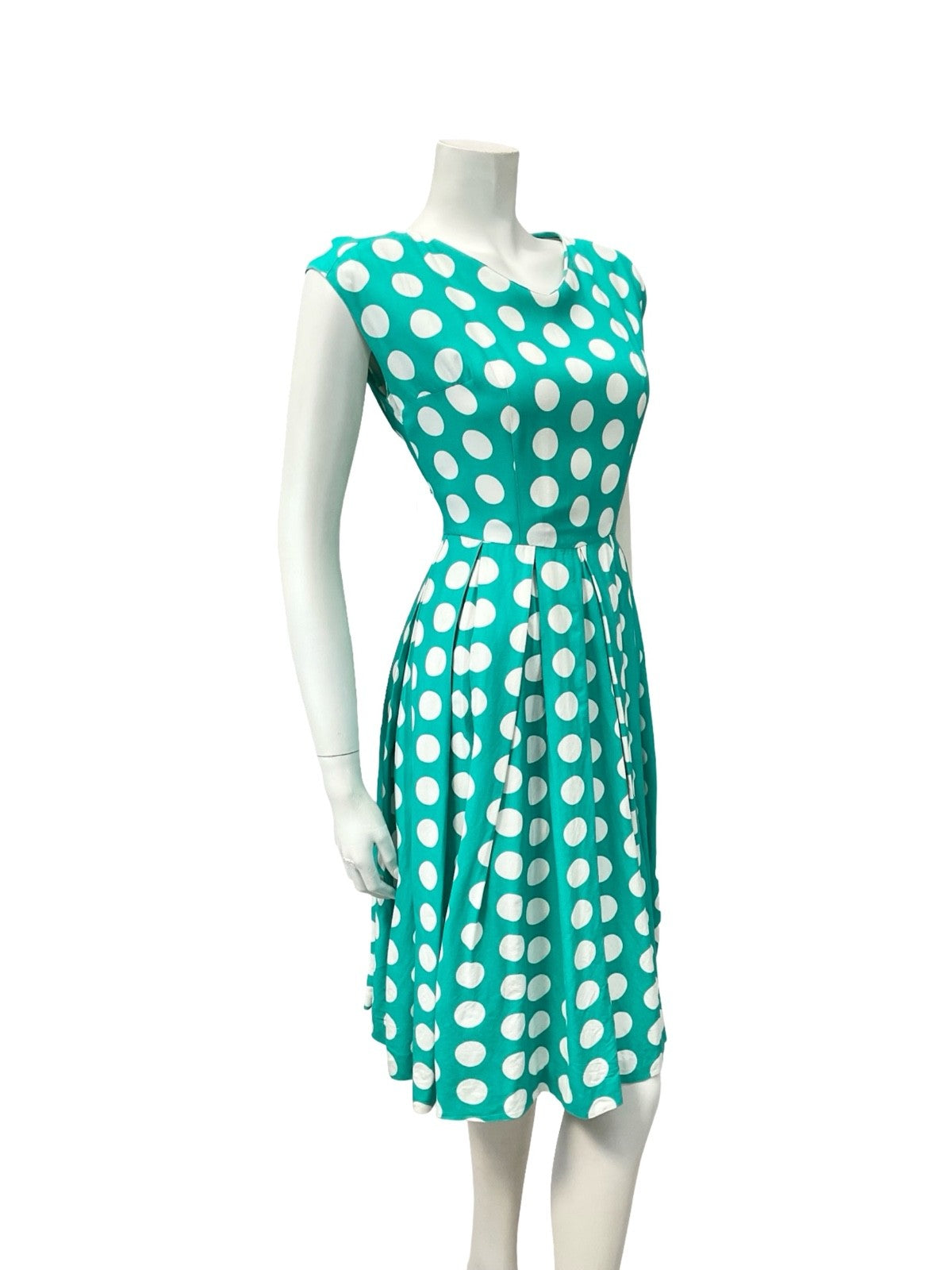 VTG 50S 60S GREEN WHITE POLKA DOT GEOMETRIC PLEAT ROCKABILLY SWING DRESS 8