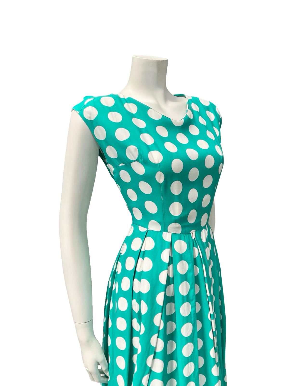 VTG 50S 60S GREEN WHITE POLKA DOT GEOMETRIC PLEAT ROCKABILLY SWING DRESS 8