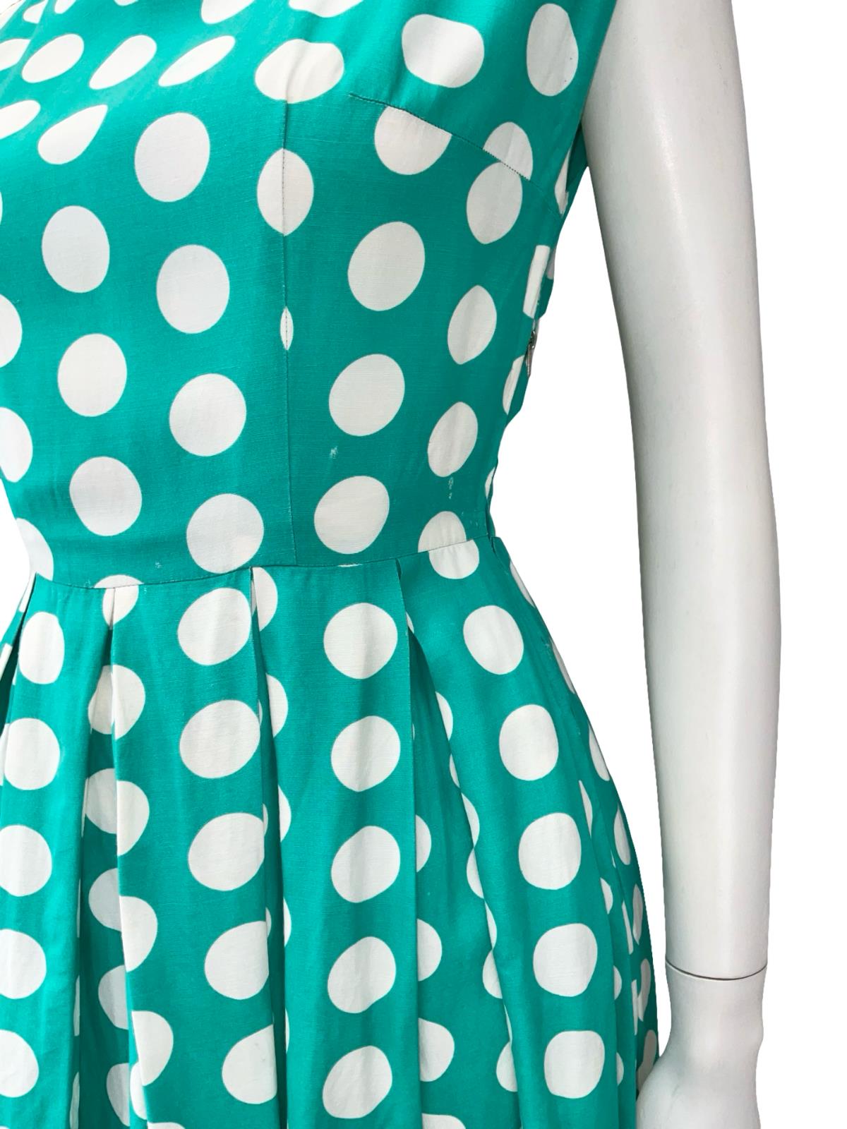 VTG 50S 60S GREEN WHITE POLKA DOT GEOMETRIC PLEAT ROCKABILLY SWING DRESS 8